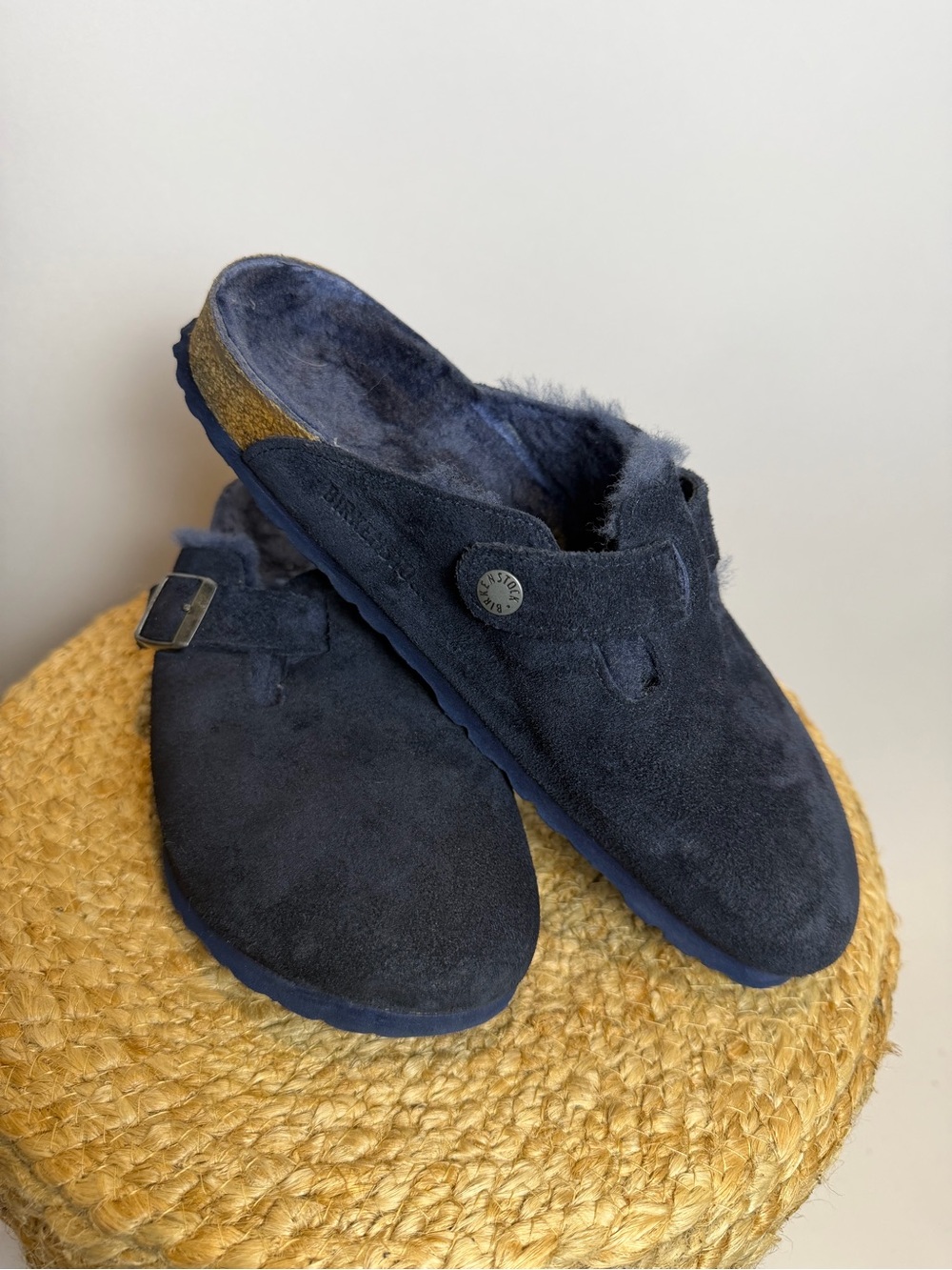 Birkenstock Boston Suede Shearling Clog in Navy Blue